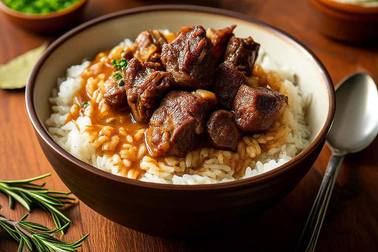 Hearty Beef Stew Served with Creamy Rice